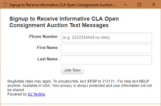 Sample Pop-up Window to sign up for CLA auction texts through EZ Texting